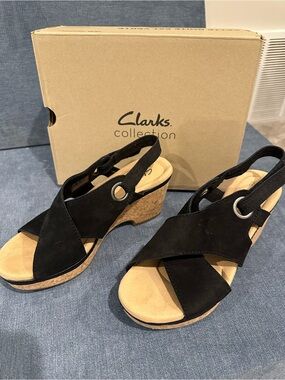 Clarks Black Suede Cork Wedge Slingback Sandals